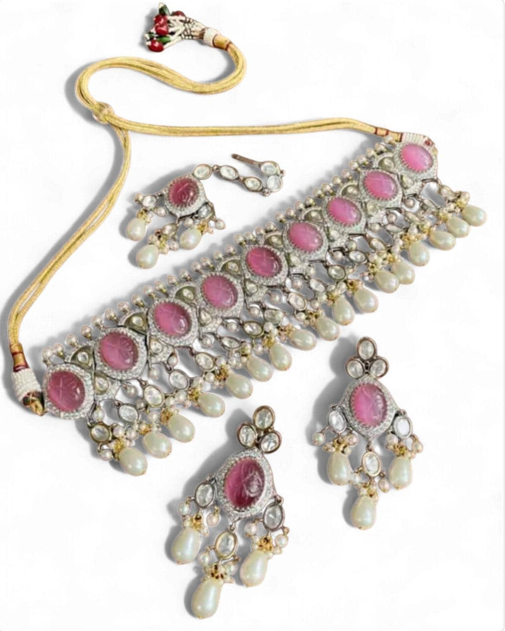 Gold Plated Polki Choker Necklace Set: Pink Stones, Pearls, Kundan
