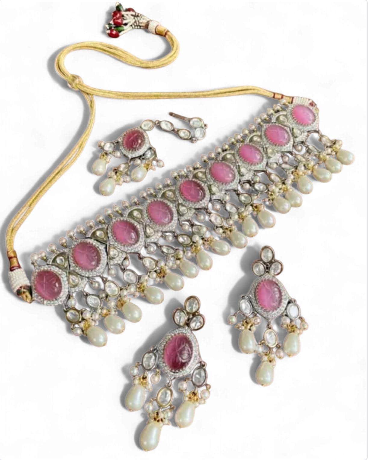Gold Plated Polki Choker Necklace Set: Pink Stones, Pearls, Kundan