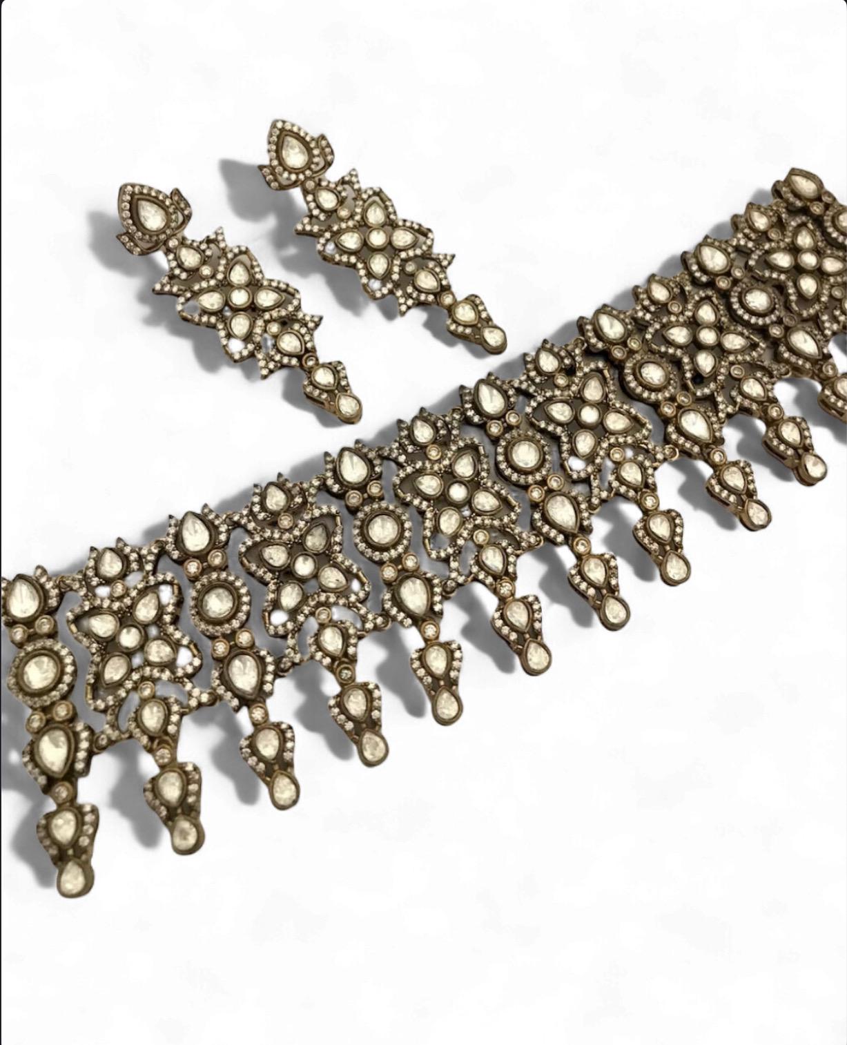 Vintage-Inspired Moissanite Kundan Polki Choker Necklace Set with Earrings | Bridal Jewelry | Indian Wedding Jewelry