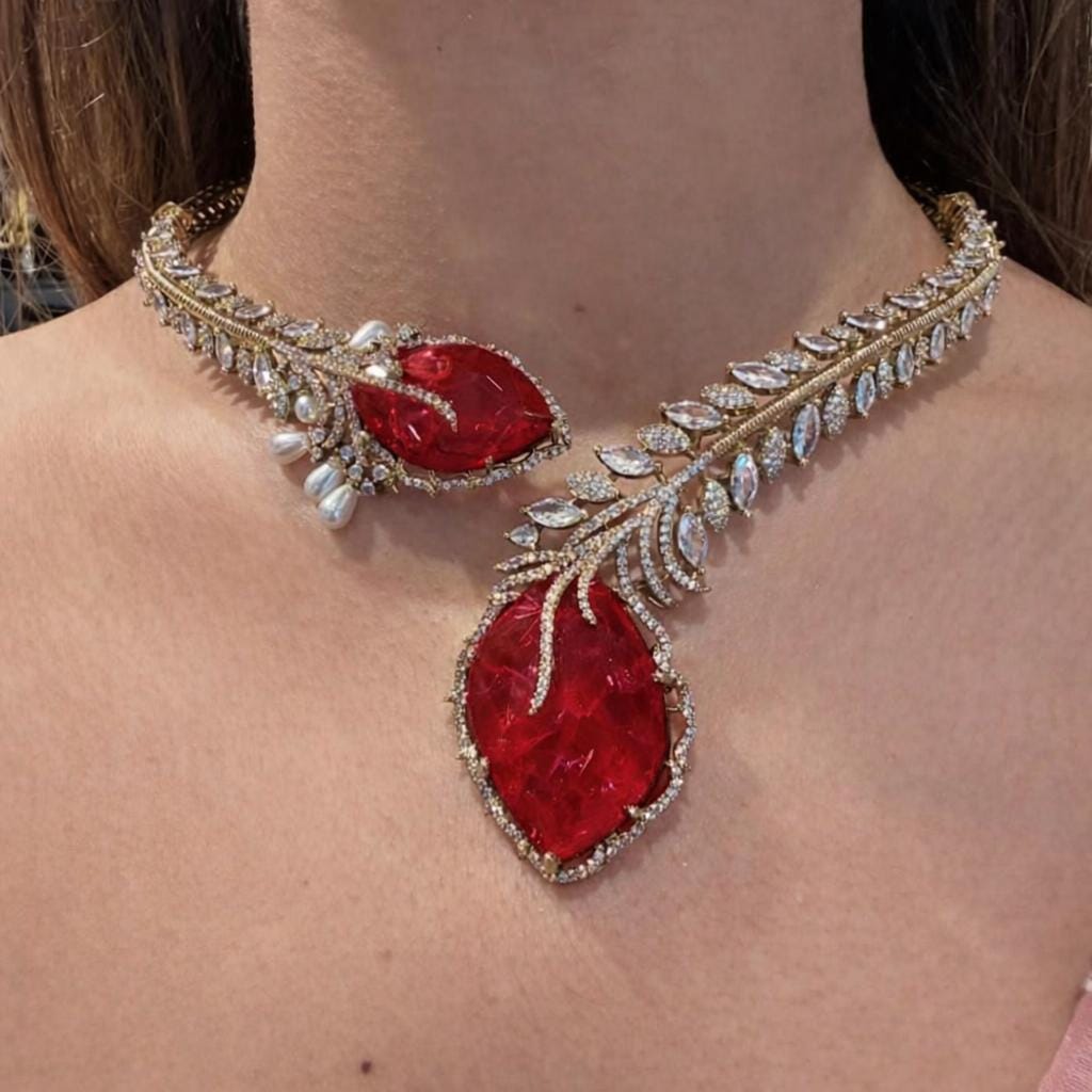 Red Ruby Leaf Statement Necklace Set – High-Sparkle Wedding Cocktail Jewelry