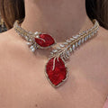 Red Ruby Leaf Statement Necklace Set – High-Sparkle Wedding Cocktail Jewelry