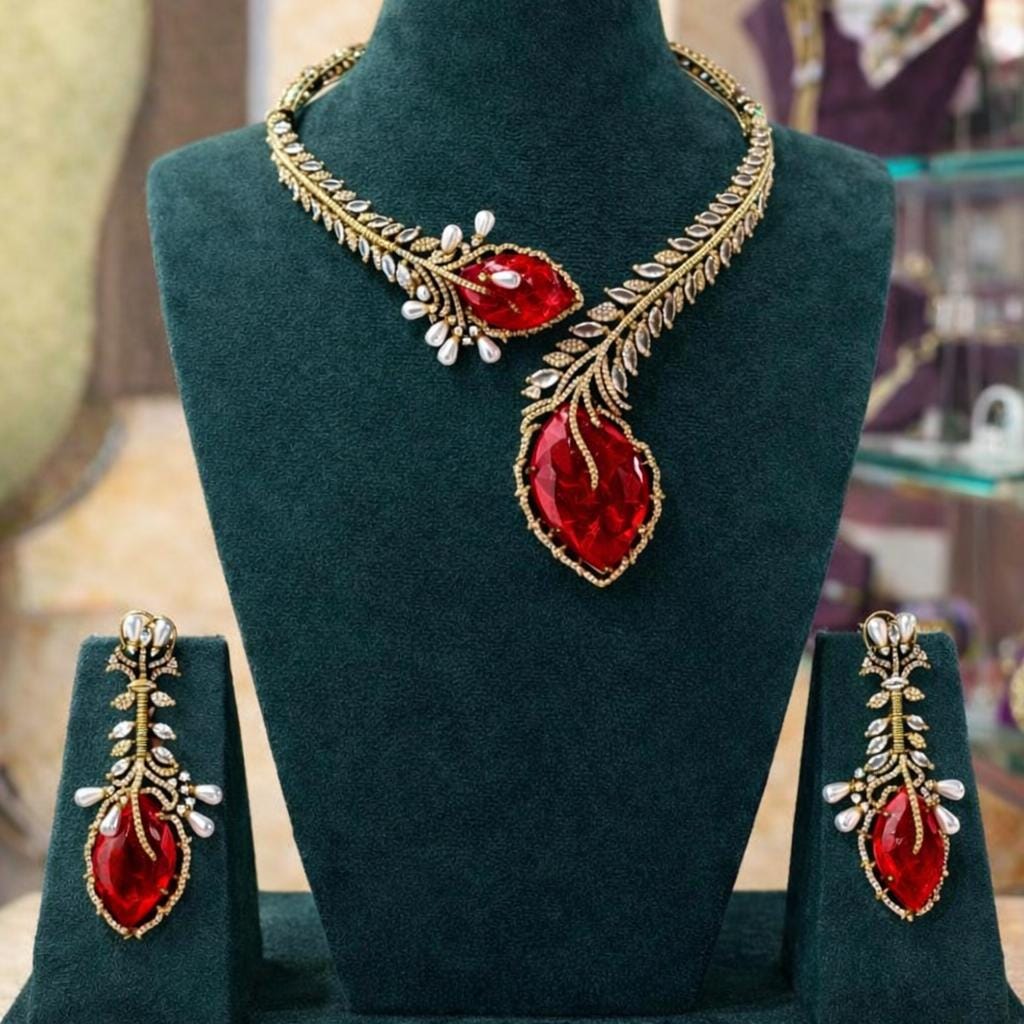 Red Ruby Leaf Statement Necklace Set – High-Sparkle Wedding Cocktail Jewelry